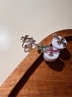 Cross Cluster Earrings/one-side cuff with Multicolor crystals